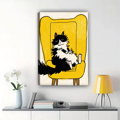 Cat Lounging in Chair Wall Art - Cozy Pet Illustration Print|W1211