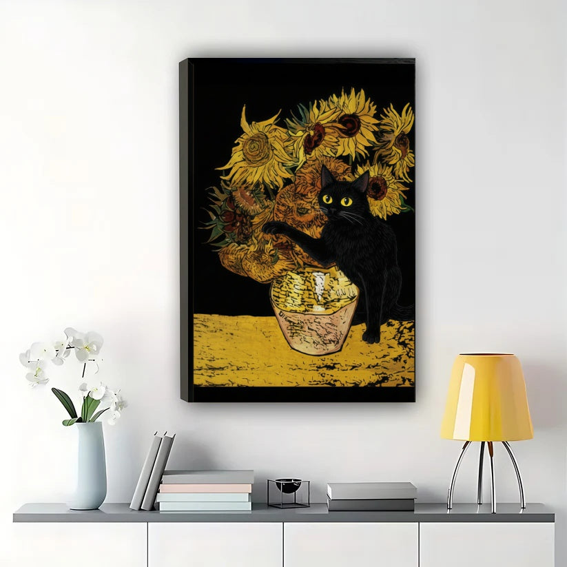 Black Cat with Sunflowers – Van Gogh Inspired Cat Wall Art on Natural Wood Canvas | W2021