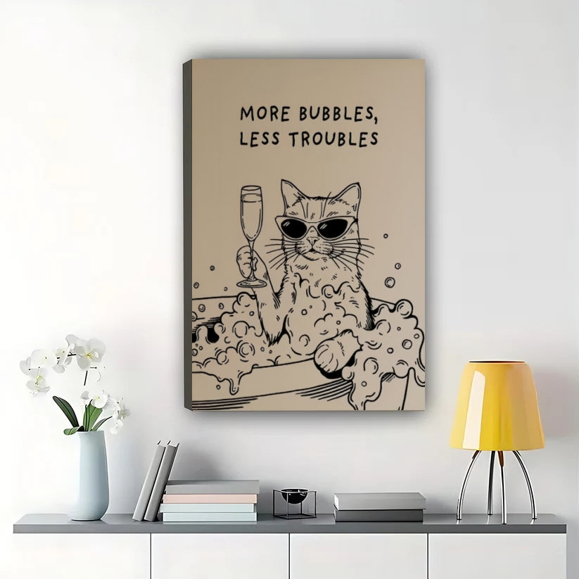 Make Yourself Less Troubles Sassy Black Cat – Humorous Bathroom Wall Art on Natural Wood Canvas | W833