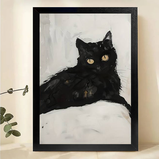 The Lazy Monochrome Black Cat – Minimalist Art Wall Decor on Natural Wood Canvas | W570