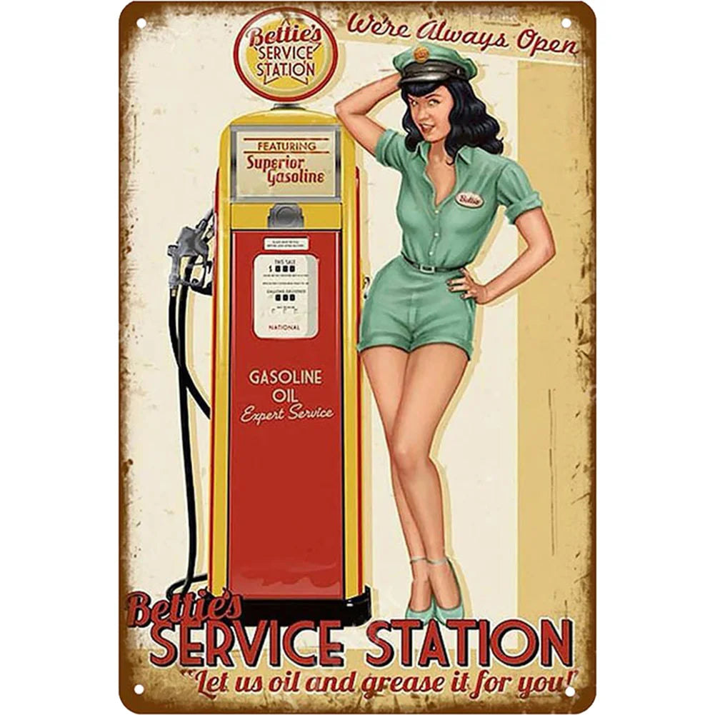 8x12 Pin-Up Girl Metal Sign – Retro Tin Wall Art for Garage & Bar Decor | Tin & Time Co. #3004