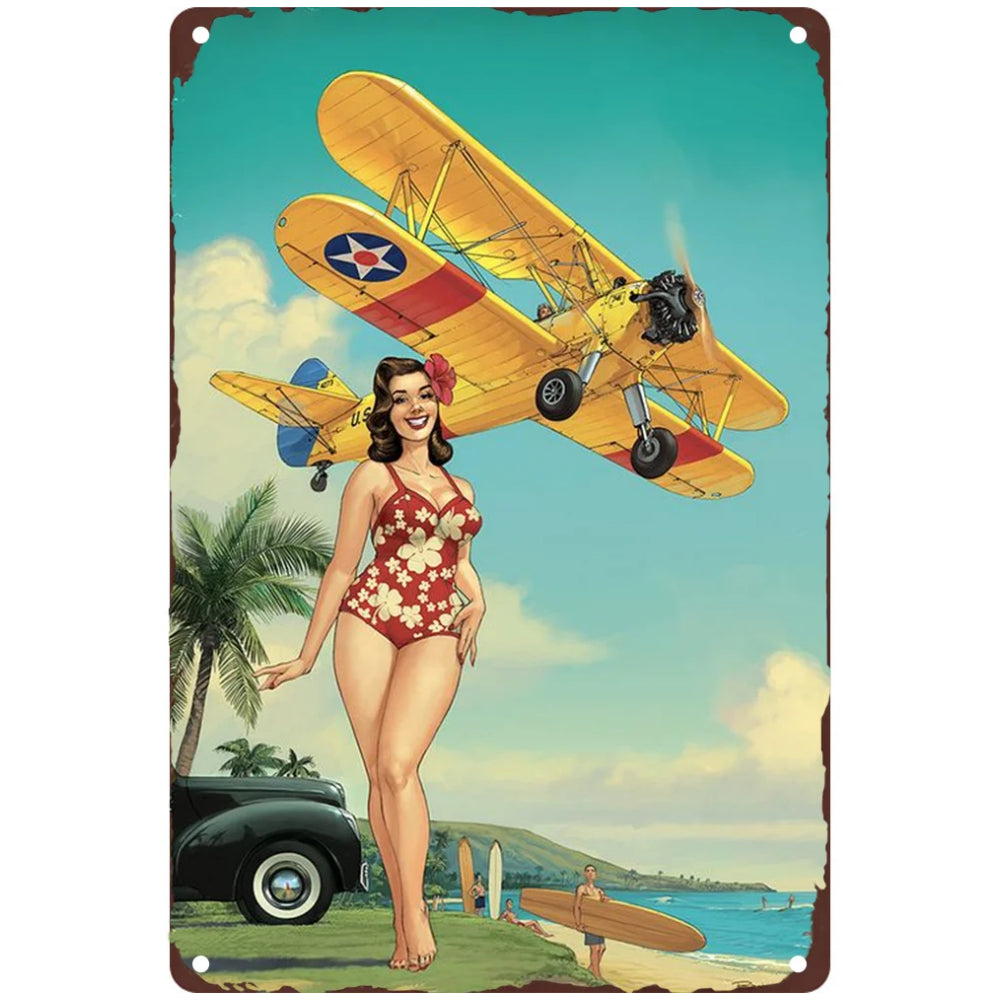 8x12 Pin-Up Girl Metal Sign – Retro Tin Wall Art for Garage & Bar Decor | Tin & Time Co. #3050