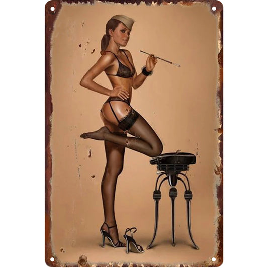 8x12 Pin-Up Girl Metal Sign – Retro Tin Wall Art for Garage & Bar Decor | Tin & Time Co. #3072