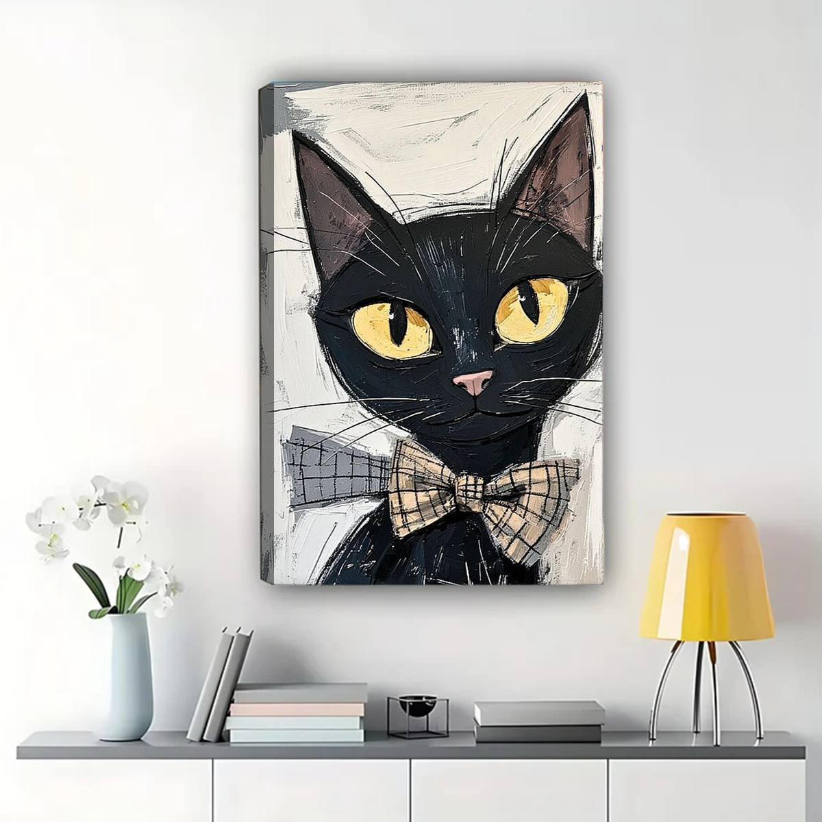 Black Cat with Bow Tie Wall Art - Dapper Cat Portrait Print|W1316
