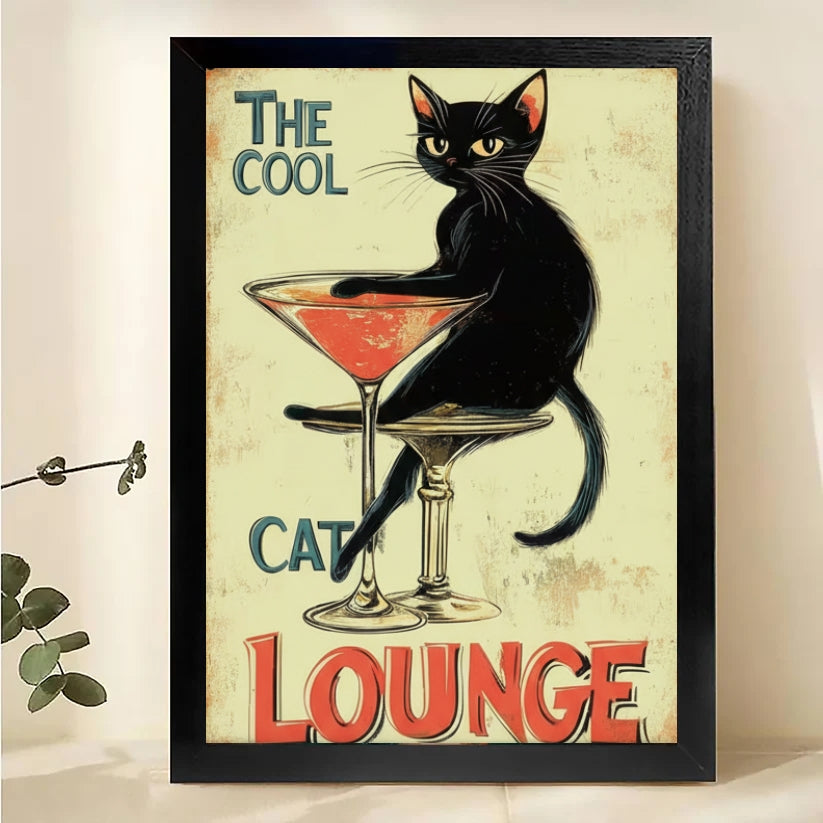 The Cool Cat Lounge Vintage Poster – Retro Black Cat Martini Wall Art| W522