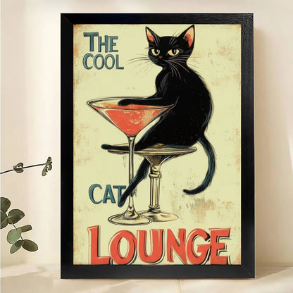 The Cool Cat Lounge Vintage Poster – Retro Black Cat Martini Wall Art| W522