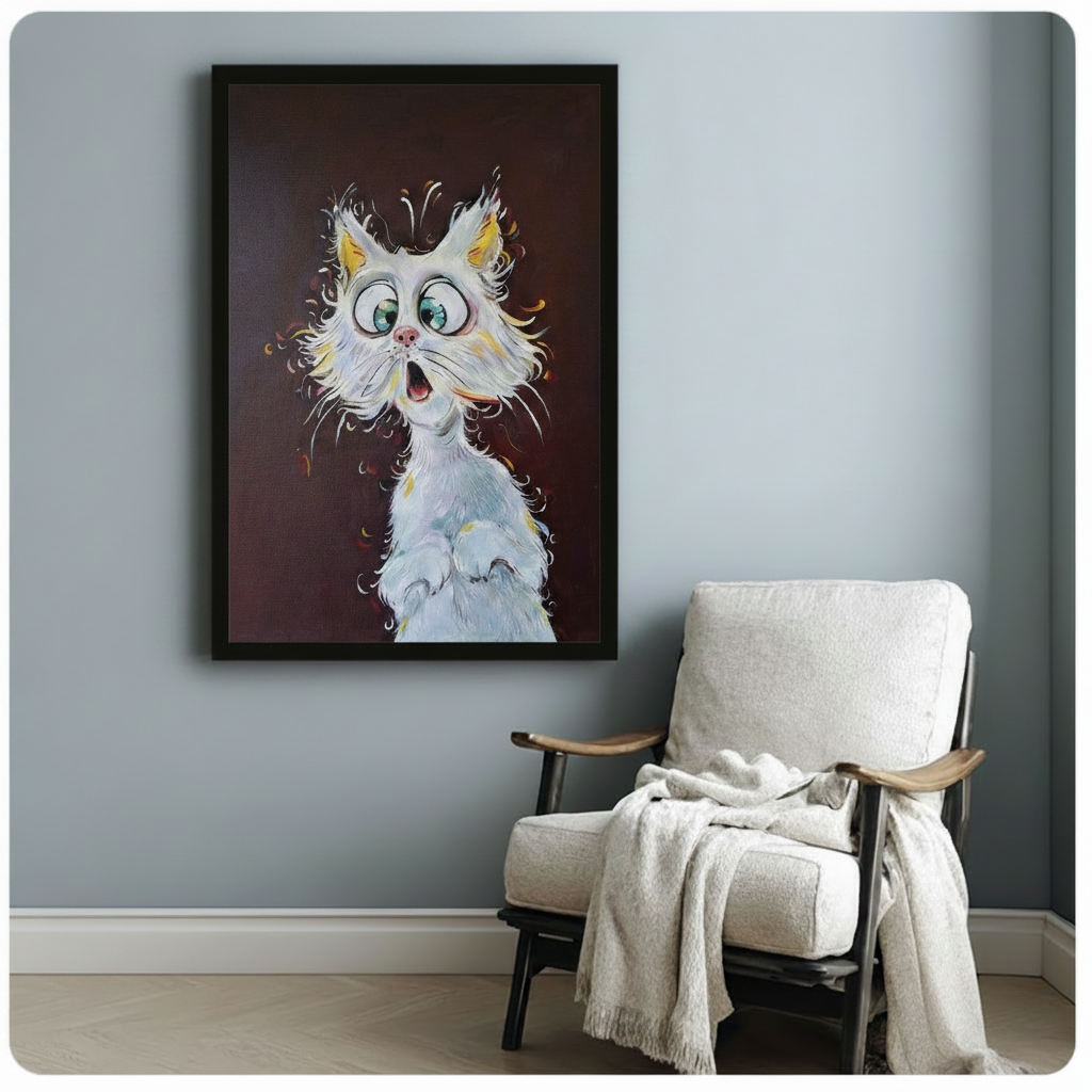 Playful impasto oil painting of a surprised fluffy white cat with comically large teal cartoon eyes yellow-tipped ears a pink button nose and an open-mouthed gasp expression its wild white fur swirling outward with golden yellow brushstroke highlights on a deep dark brown background funny pet portrait framed art poster displayed beside a white fabric lounge chair with draped throw blanket against a soft blue-gray wall