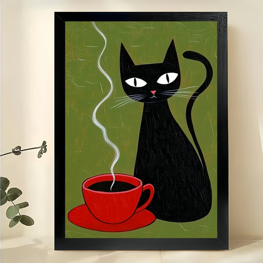 he Black Cat  Red Coffee Cup – Minimalist Cozy Wall Art on Natural Wood Canvas | W670