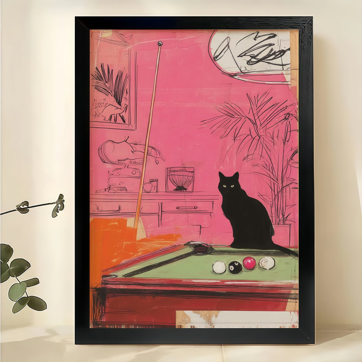 Black Cat at Pool Table – Retro Pop Art Wall Art on Natural Wood Canvas | W816