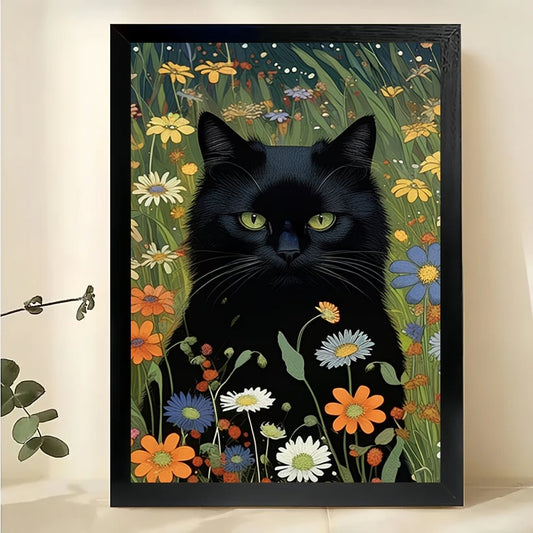 Majestic Black Cat in Wildflower Meadow – Whimsical Fantasy Wall Art on Natural Wood Canvas | W779