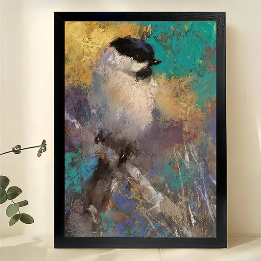Chickadee Bird Impressionist Wall Art – Textured Teal and Gold Canvas Print on Natural Wood Frame | W2421