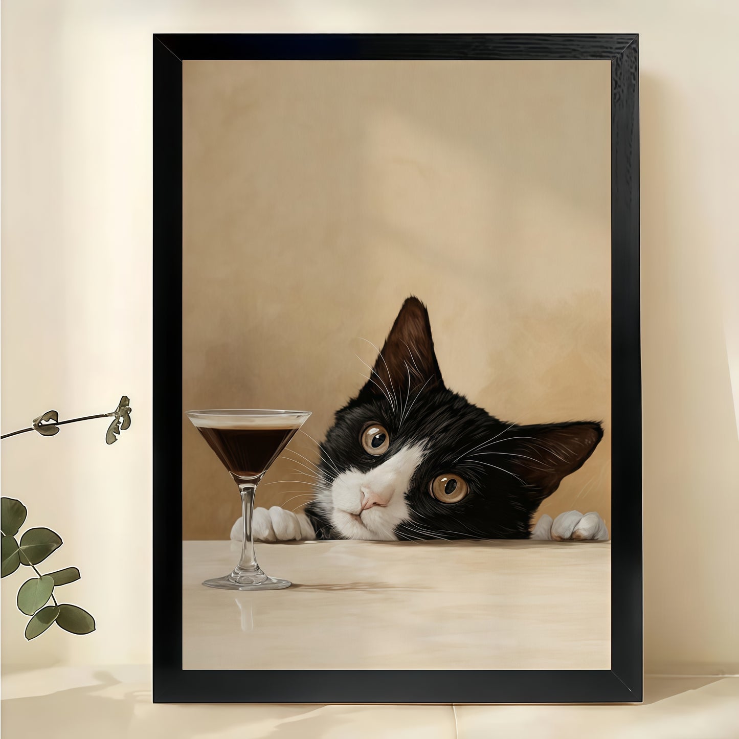 Tuxedo Cat with Martini – Peeking Cat Bar Wall Art on Natural Wood Canvas | W2071
