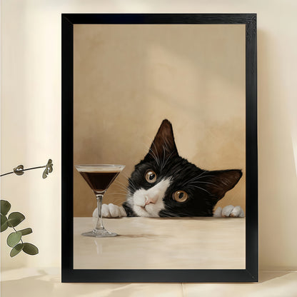 Tuxedo Cat with Martini – Peeking Cat Bar Wall Art on Natural Wood Canvas | W2071