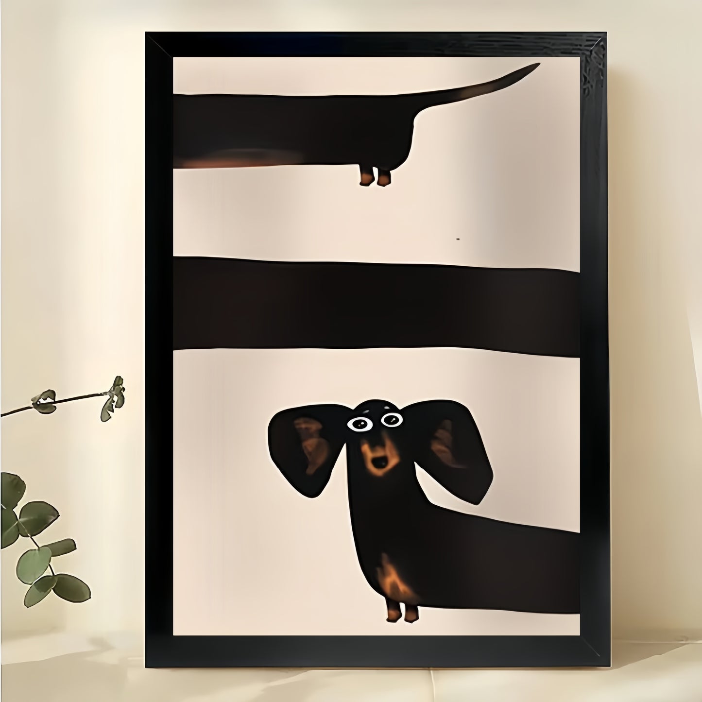 Minimalist Dachshund Striped Illustration – Sleek Pet Wall Art on Natural Wood Canvas | W691