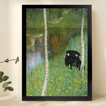 Black dog in Birch Forest Landscape – Artistic Nature Pet Wall Art on Natural Wood Canvas | W740
