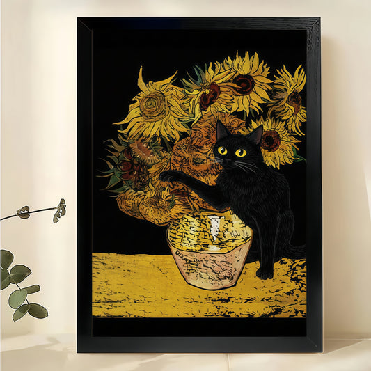 Black Cat with Sunflowers – Van Gogh Inspired Cat Wall Art on Natural Wood Canvas | W2021