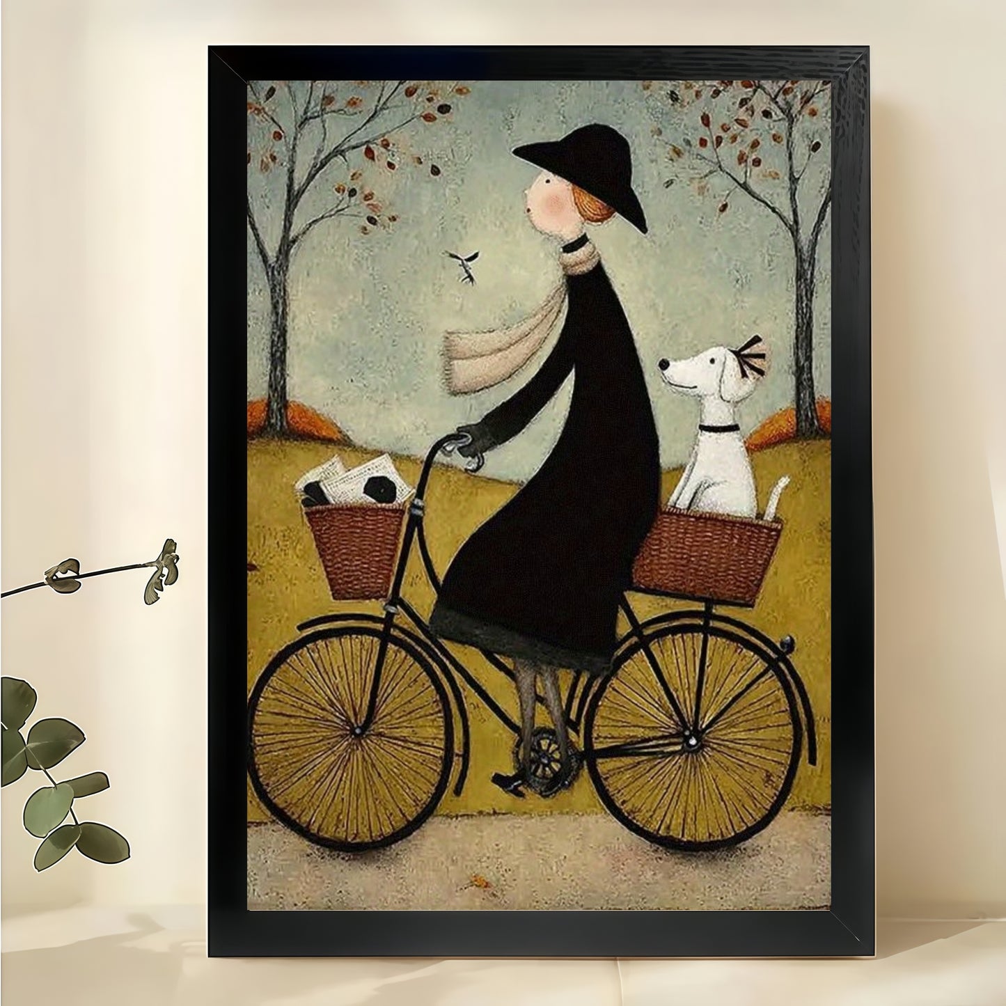 Woman Riding Bicycle with Dogs Wall Art – Whimsical Folk Art Style Canvas Print on Natural Wood Frame | W2238