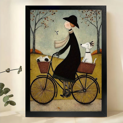 Woman Riding Bicycle with Dogs Wall Art – Whimsical Folk Art Style Canvas Print on Natural Wood Frame | W2238
