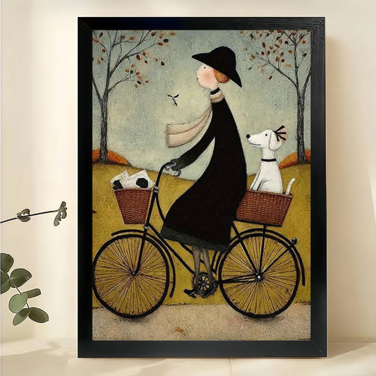 Woman Riding Bicycle with Dogs Wall Art – Whimsical Folk Art Style Canvas Print on Natural Wood Frame | W2238