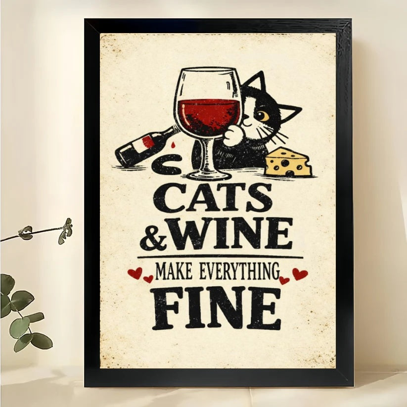 Cats & Wine Make Everything Fine – Vintage Retro Cat Bar Wall Art on Natural Wood Canvas | W2055