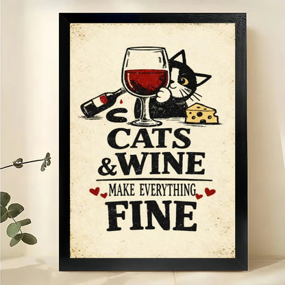 Cats & Wine Make Everything Fine – Vintage Retro Cat Bar Wall Art on Natural Wood Canvas | W2055