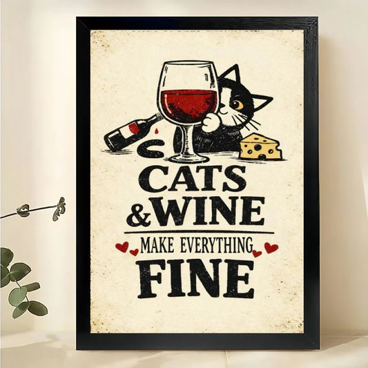 Cats & Wine Make Everything Fine – Vintage Retro Cat Bar Wall Art on Natural Wood Canvas | W2055