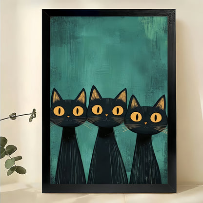 Three Black Cats – Minimalist Modern Style Natural Wood Grain Canvas Wall Art | W622