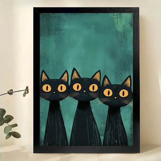 Three Black Cats – Minimalist Modern Style Natural Wood Grain Canvas Wall Art | W622