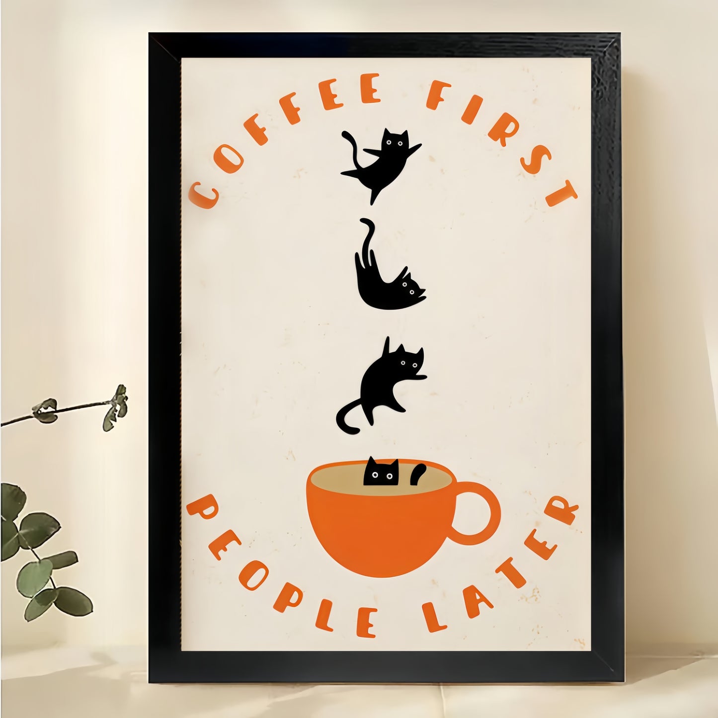 The Coffee-First Cat Crew – Playful Retro Wall Art on Natural Wood Canvas | W578
