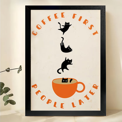 The Coffee-First Cat Crew – Playful Retro Wall Art on Natural Wood Canvas | W578