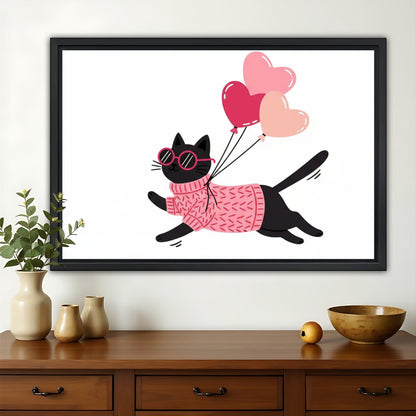 The Balloon-Carrying Pink Cat – Cute Whimsical Cat Wall Art on Natural Wood Canvas | W677