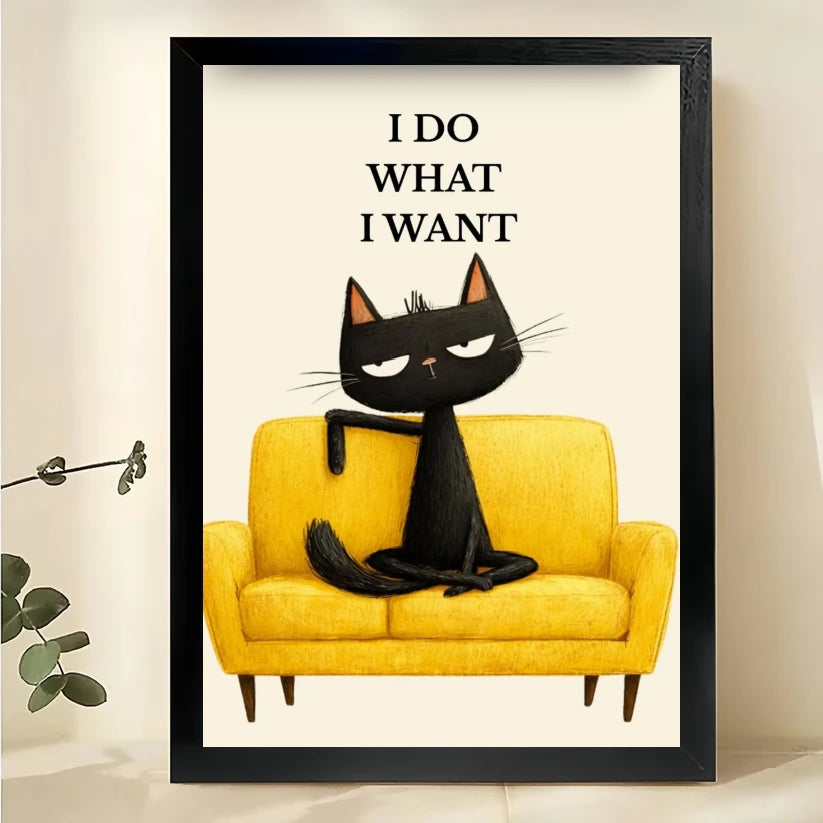 I DO WHAT I WANT Sassy Black Cat – Retro Mid-Century Wall Art on Natural Wood Canvas | W916