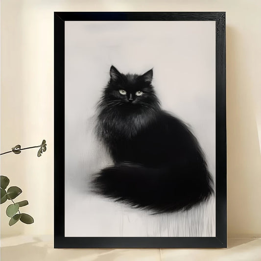 Black Cat on Wooden Table – Realistic Still Life Wall Art on Natural Wood Canvas | W802
