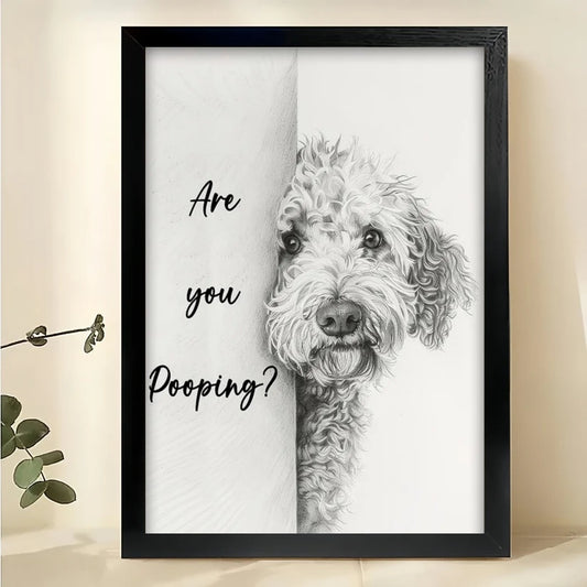 Are you pooping?Curious Dog – Minimalist Bathroom Wall Art on Natural Wood Canvas | W853