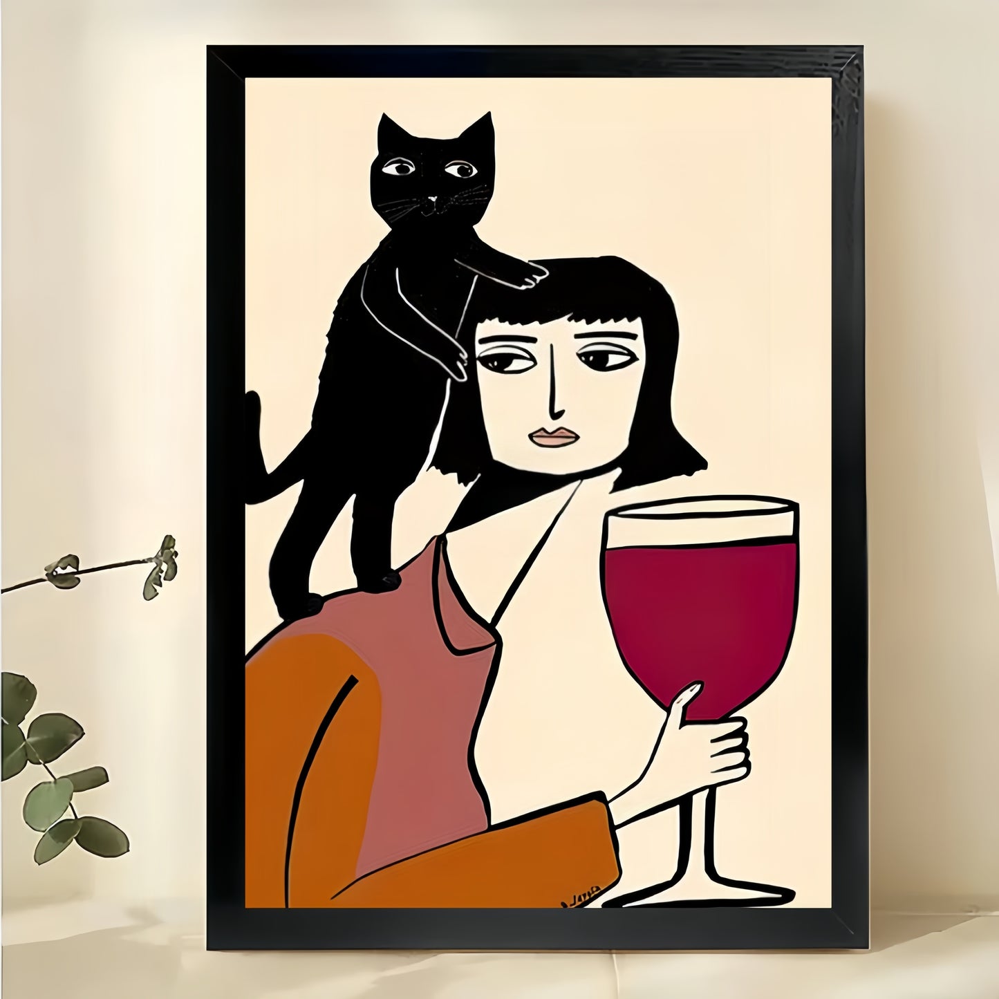Woman with Wine & Black Cat – Retro Whimsical Cat Wall Art on Natural Wood Canvas | W2027