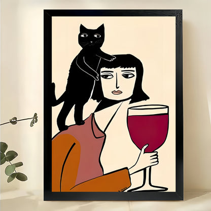 Woman with Wine & Black Cat – Retro Whimsical Cat Wall Art on Natural Wood Canvas | W2027