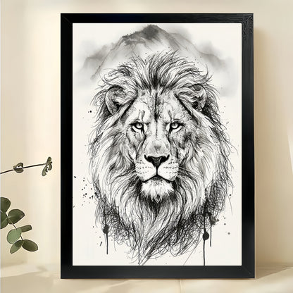The Ink-Wash Style Lion – Regal Minimalist Wall Art on Natural Wood Canvas | W663