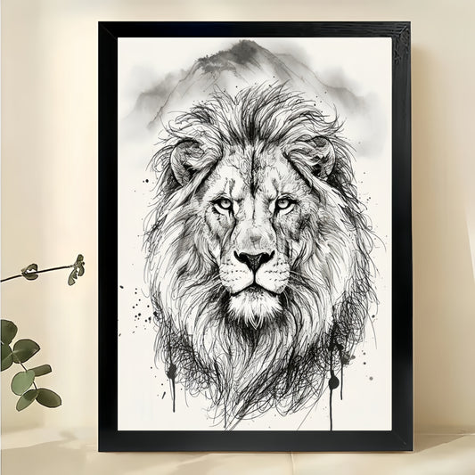The Ink-Wash Style Lion – Regal Minimalist Wall Art on Natural Wood Canvas | W663