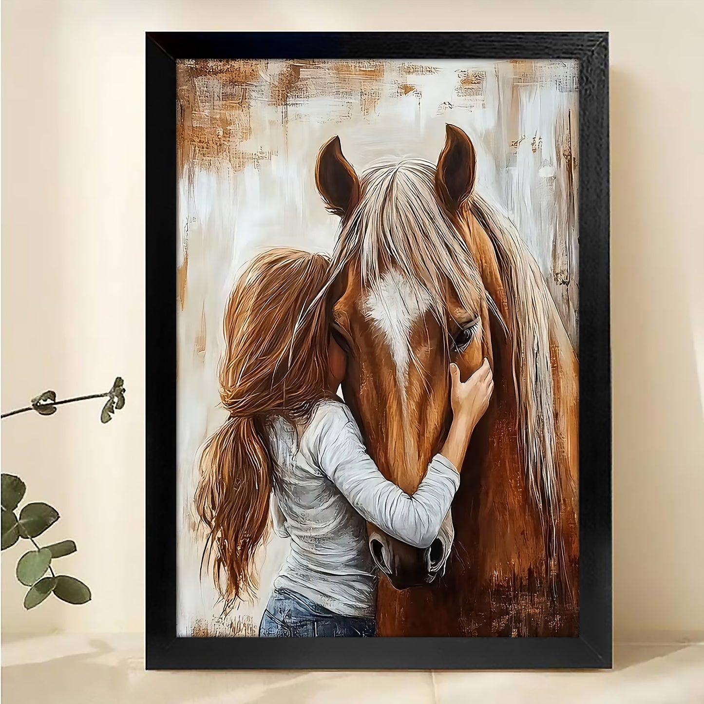 Girl Horse Embrace – Warm Animal Portrait Wall Art on Natural Wood Canvas | W507