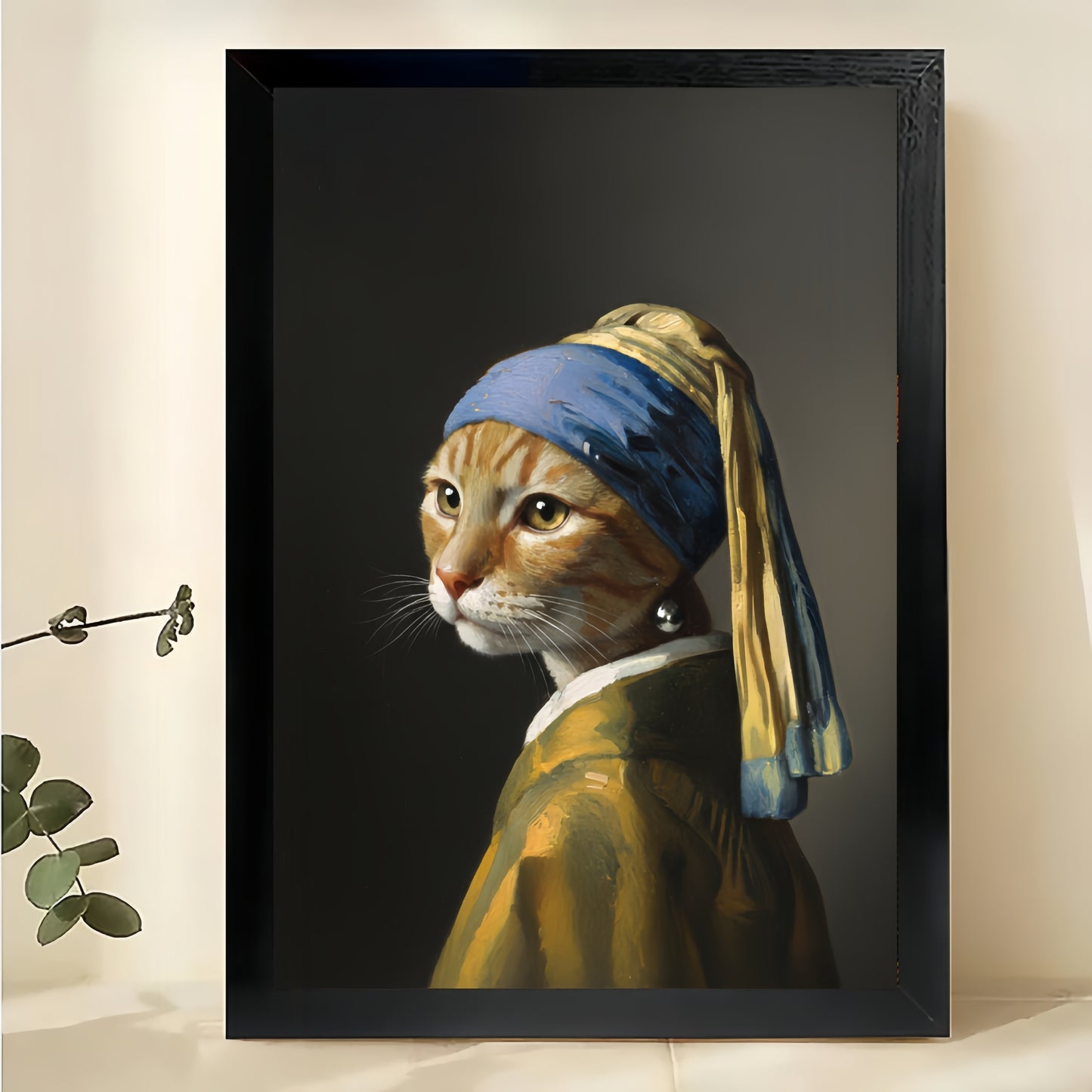 The Cat With The Pearl Earring – Classic Art Reimagined Wall Art on Natural Wood Canvas | W629