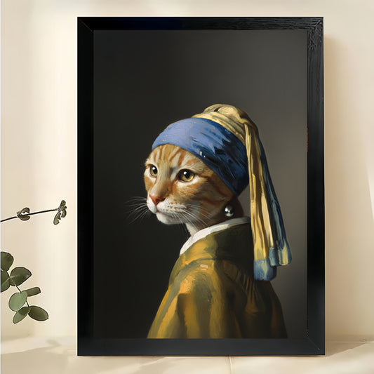 The Cat With The Pearl Earring – Classic Art Reimagined Wall Art on Natural Wood Canvas | W629
