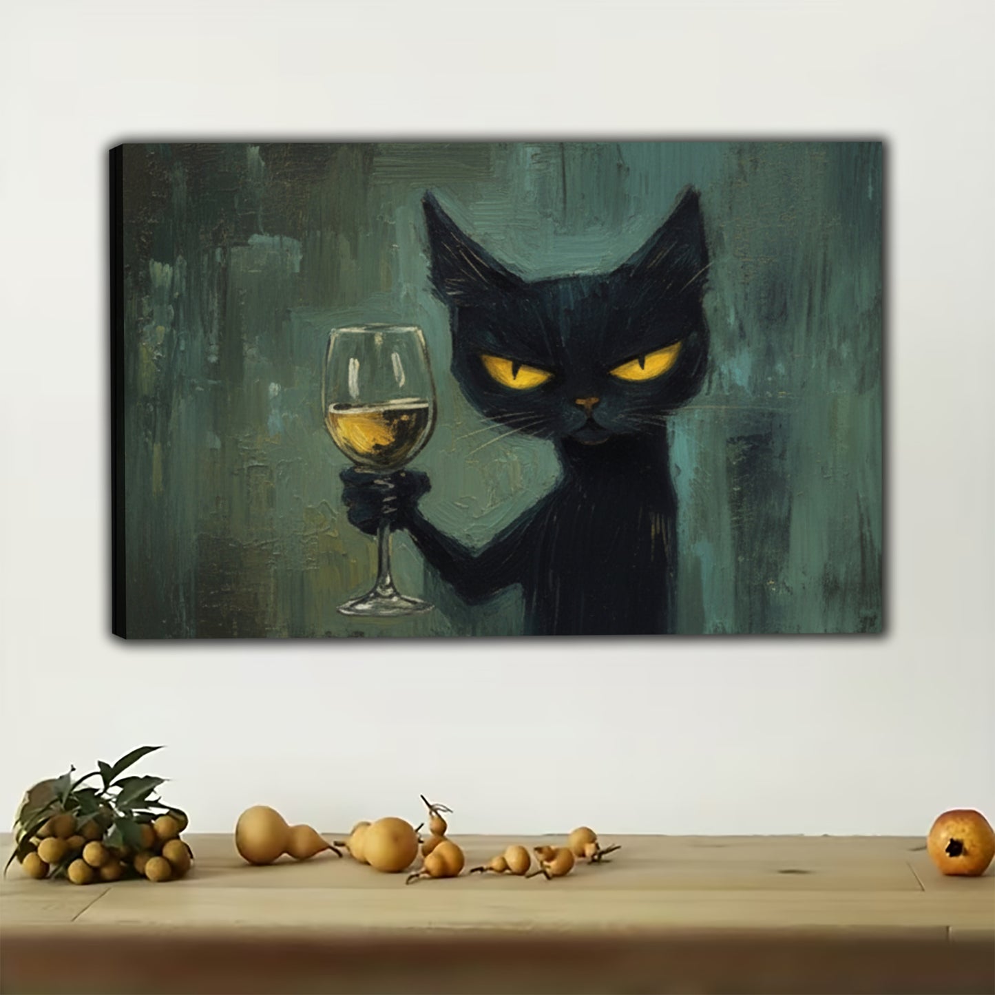 The Champagne-Toting Black Cat – Sophisticated Retro Wall Art on Natural Wood Canvas | W567