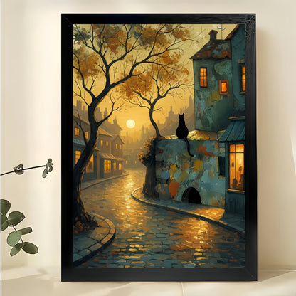 Rainy Cobblestone Town Black Cat – Moody Vintage Wall Art on Natural Wood Canvas | W902