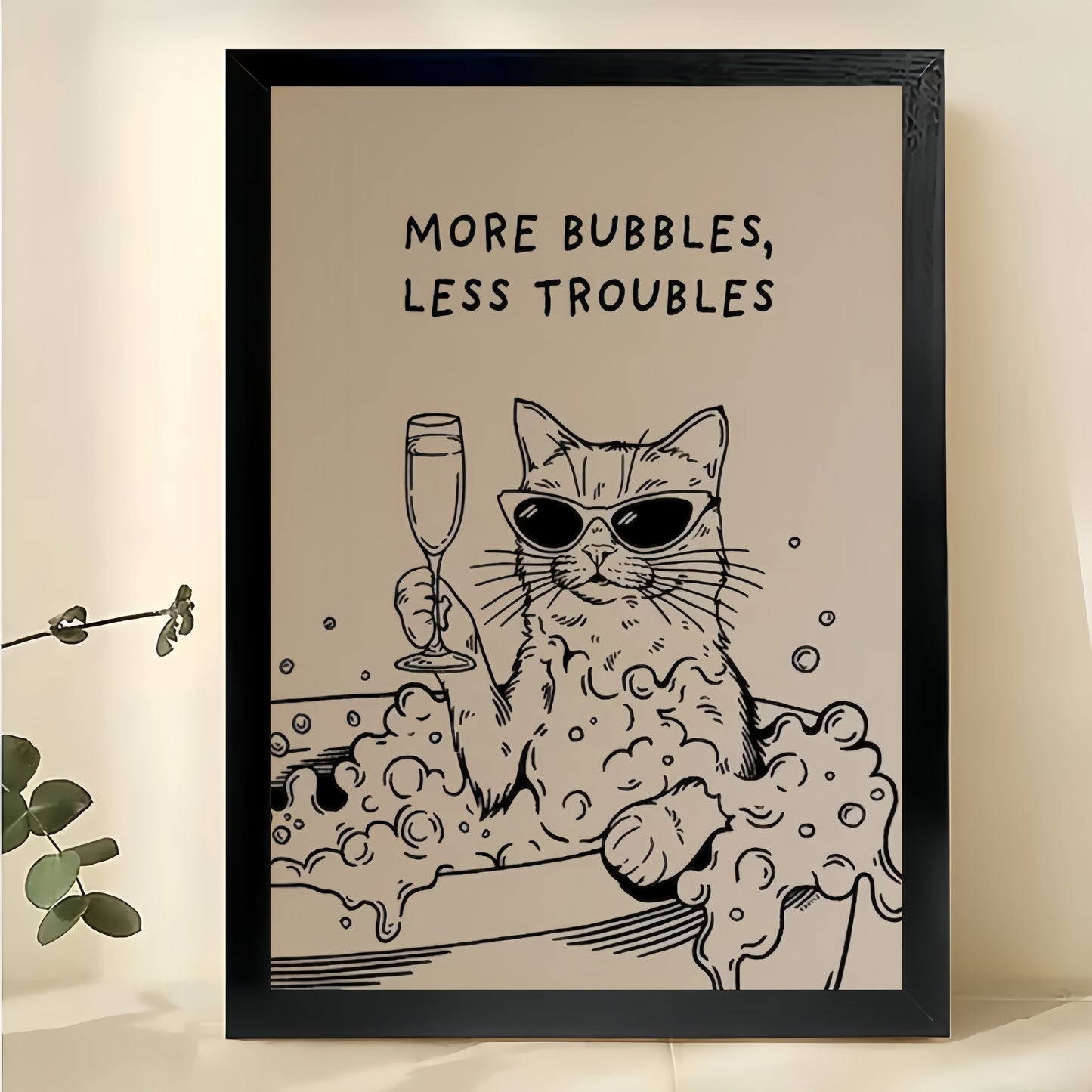 Make Yourself Less Troubles Sassy Black Cat – Humorous Bathroom Wall Art on Natural Wood Canvas | W833