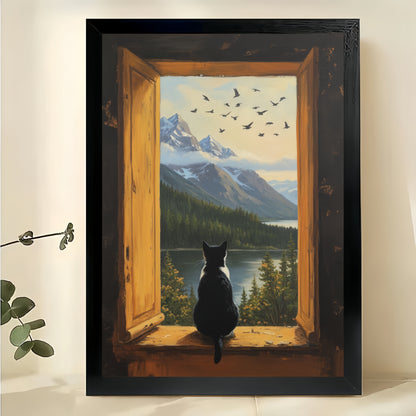 Black Cat on Window Sill Gazing at Mountain Landscape – Cozy Nature Wall Art on Natural Wood Canvas | W734
