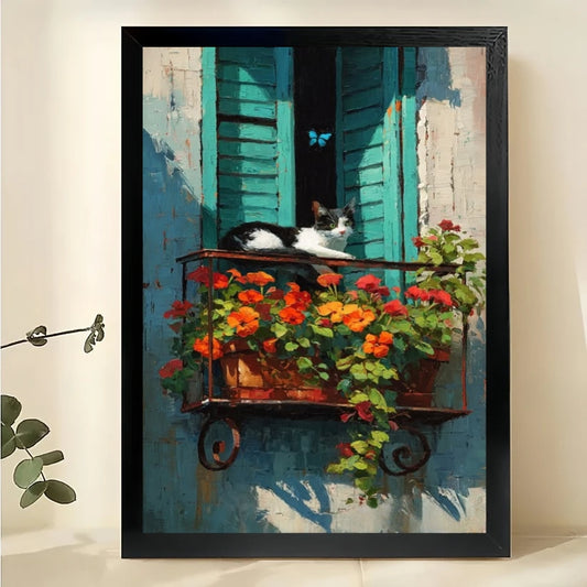 Cat on Balcony with Flowers Wall Art – Charming Mediterranean Cat Canvas Print on Natural Wood Frame | W2415