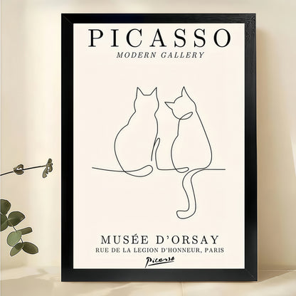 Picasso Two Cats in Love – Minimalist Line Art Wall Art on Natural Wood Canvas | W948