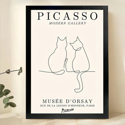 Picasso Two Cats in Love – Minimalist Line Art Wall Art on Natural Wood Canvas | W948