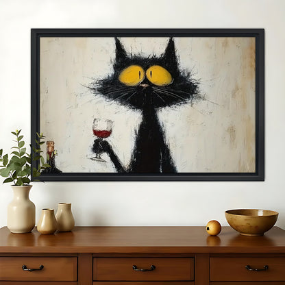Black Cat with Wine Glass – Retro Cocktail Wall Art on Natural Wood Canvas | W939