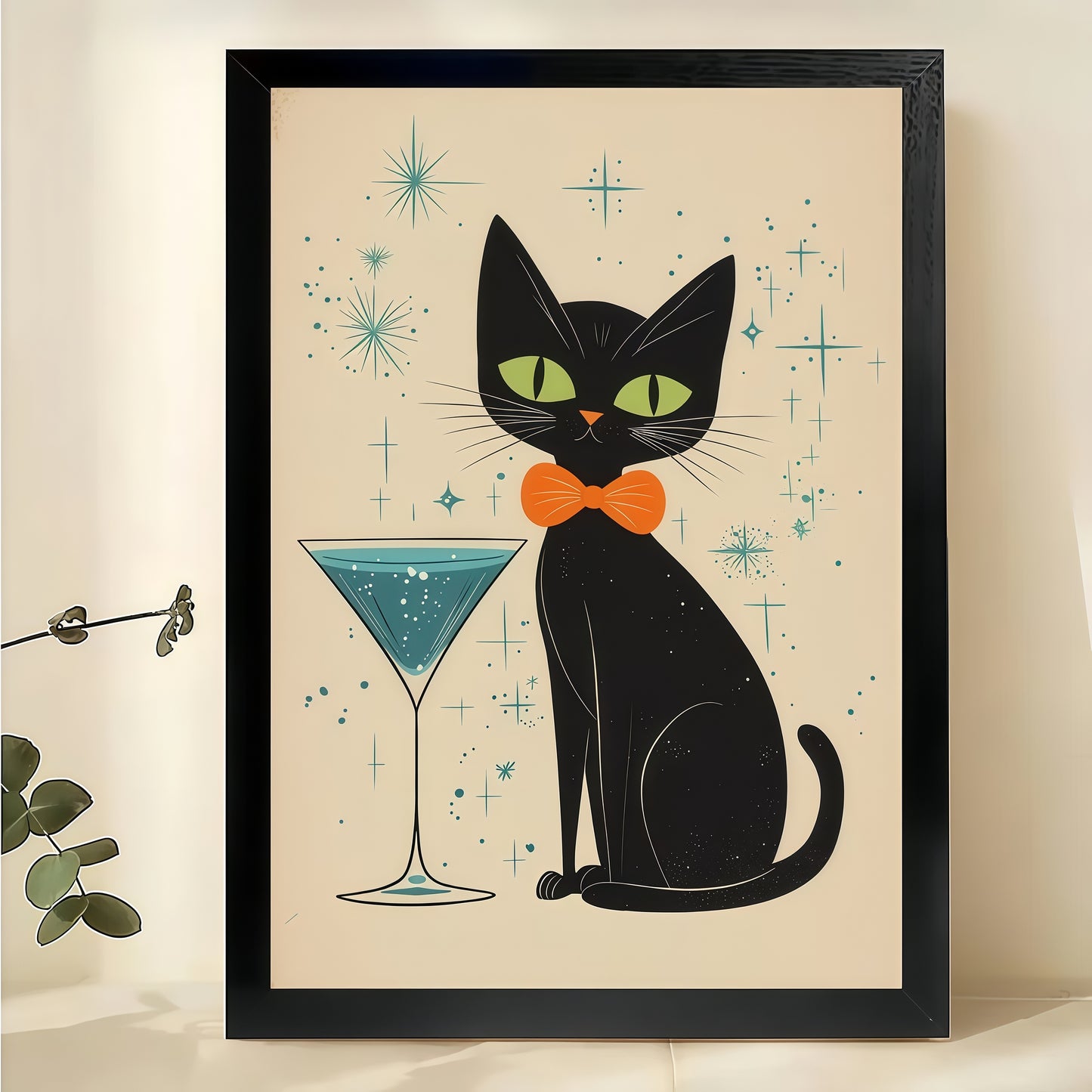 Mid-Century Black Cat with Martini – Retro Starry Background Wall Art on Natural Wood Canvas | W717